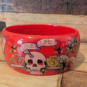 Ed Hardy Red Tattoo-Print Skull & Rose Bangle Bracelet